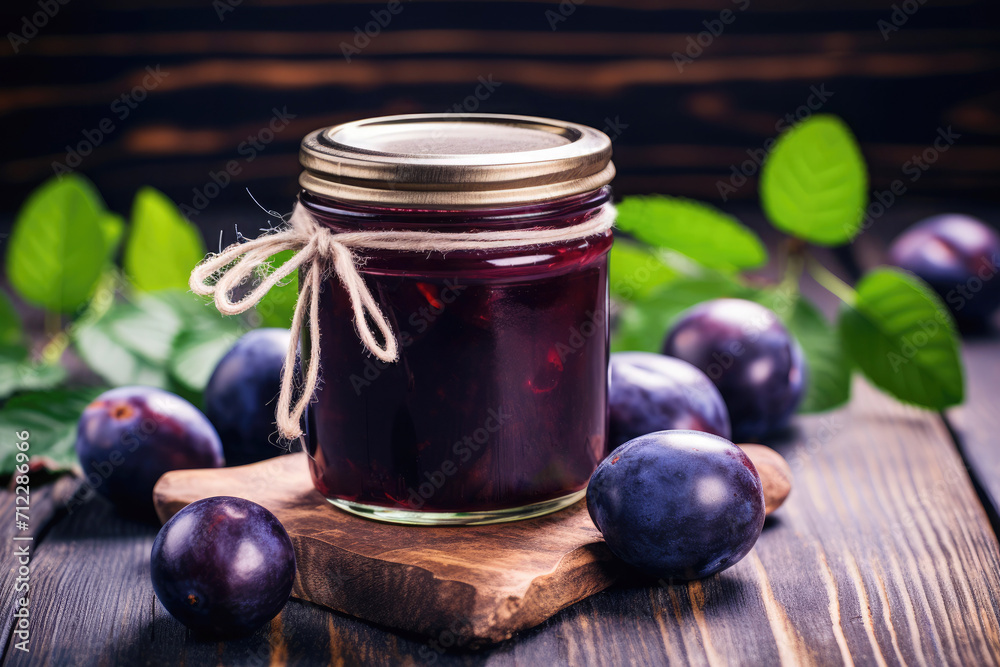 Glass jar filled with organic plum jam, a delightful breakfast spread on a wooden table Glass jar filled with organic plum jam, a delightful breakfast spread on a wooden table