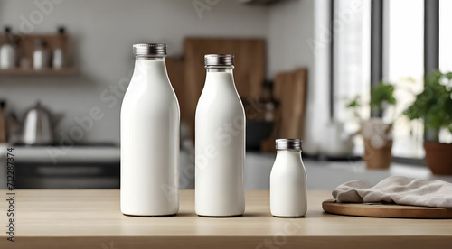 Mockup of a two  white milk bottle on kithen background, Empty reusable bottle template, Generative AI photo