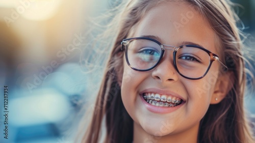 Street portrait of teenager with braces and eyeglasses photo