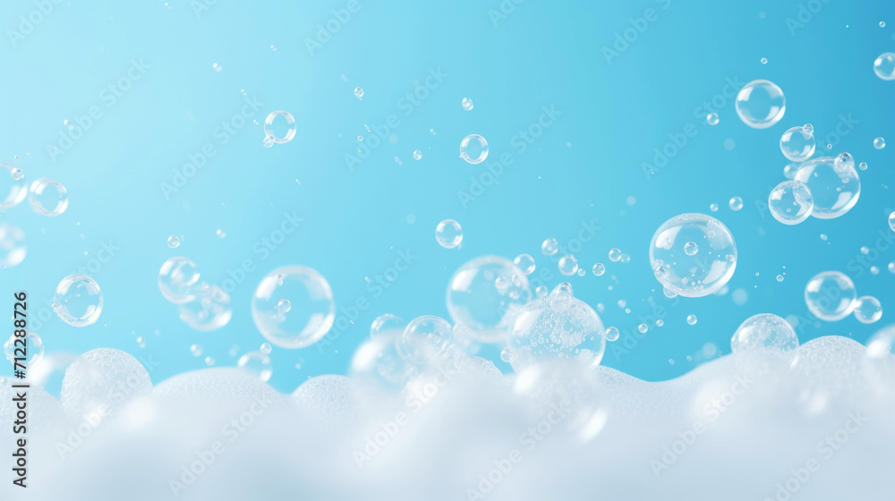 Detergent foam bubble on blue background. Soap, shower gel, shampoo foam texture. Copy space. Generative AI - obrazy, fototapety, plakaty 