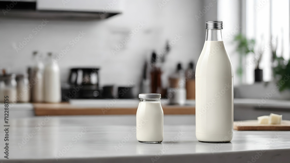 Mockup of an empty white milk bottle and a jar of sour cream on a light kitchen background, template of an empty reusable bottle, generative AI Mockup of an empty white milk bottle and a jar of sour cream on a light kitchen background, template of an empty reusable bottle, generative AI