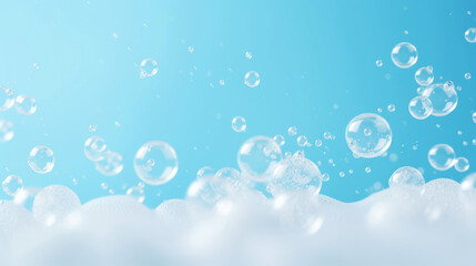Detergent foam bubble on blue background. Soap, shower gel, shampoo foam texture. Copy space. Generative AI