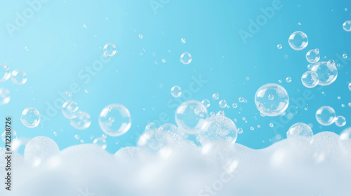 Detergent foam bubble on blue background. Soap, shower gel, shampoo foam texture. Copy space. Generative AI photo