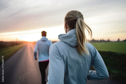 rearview shot of a young couple out for a jog early in the morning