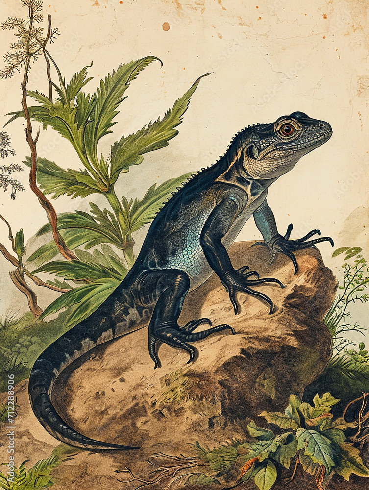 Naklejka premium 18th century book engravings depicting fauna and flora. AI generative.