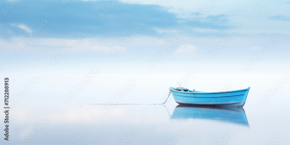 Blue boat in a calm sea waters near a beachline. Calm, tranquil landscape. Generative AI