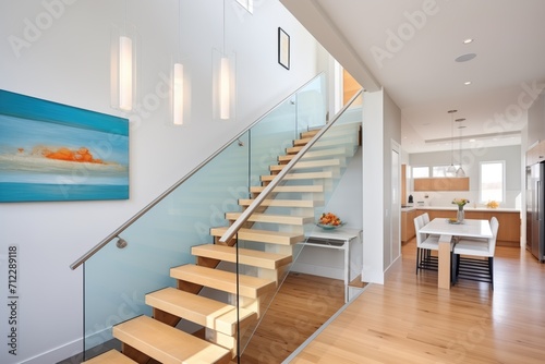modern staircase in saltbox home with glass railings