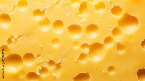 Close-up of cheese slice structure with holes. Food background. Generative AI