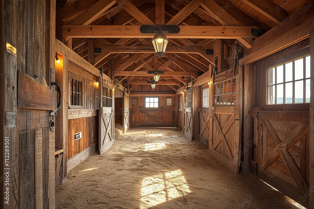 Stable interior, stall for horses in wooden house. Barn in village Stable interior, stall for horses in wooden house. Barn in village