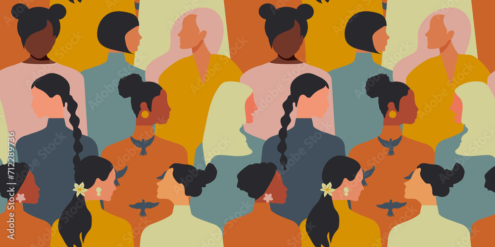 Women together in the fight for equality form a seamless pattern consisting of people of different nationalities. 