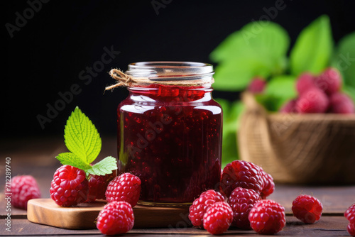 Homemade preservation: a glass jar of raspberry jam on a rustic table
