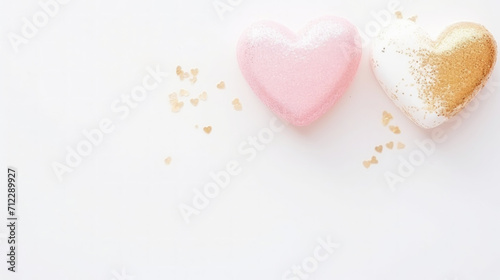 Aesthetic white and gold hearts on light background. Minimalist love concept. Copy space. Generative AI
