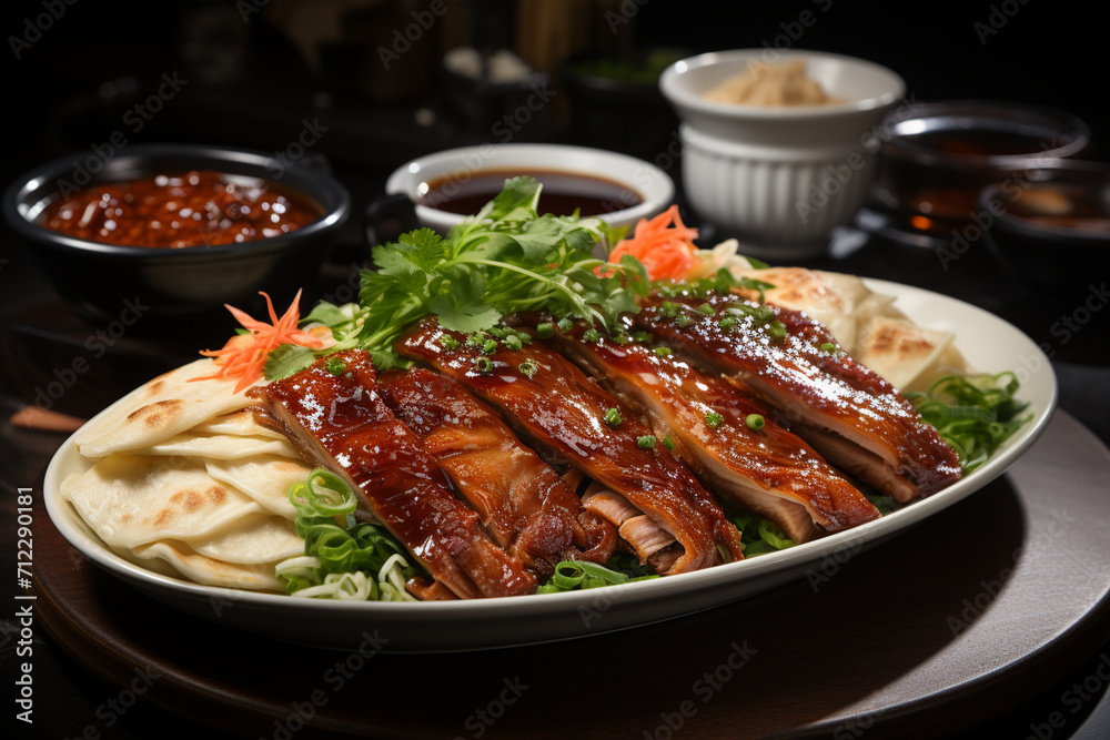 Peking duck pieces, pita bread, vegetables. Generative AI. Peking duck pieces, pita bread, vegetables. Generative AI.