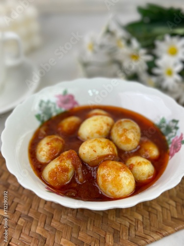 sambal goreng udang telur puyuh or spicy quail egg is traditional dishes in indonesia