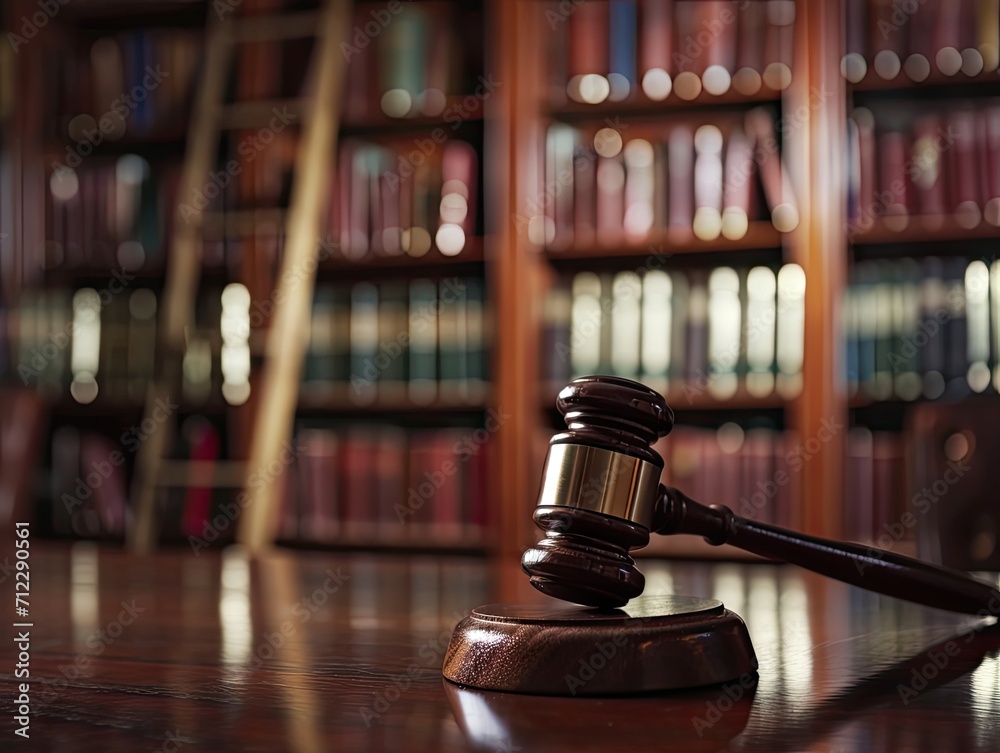photograph of a judge's gavel prominently placed on a wooden stand in the foreground of a traditional courtroom. The background shows the judge's bench, witness stand, and jury photograph of a judge's gavel prominently placed on a wooden stand in the foreground of a traditional courtroom. The background shows the judge's bench, witness stand, and jury