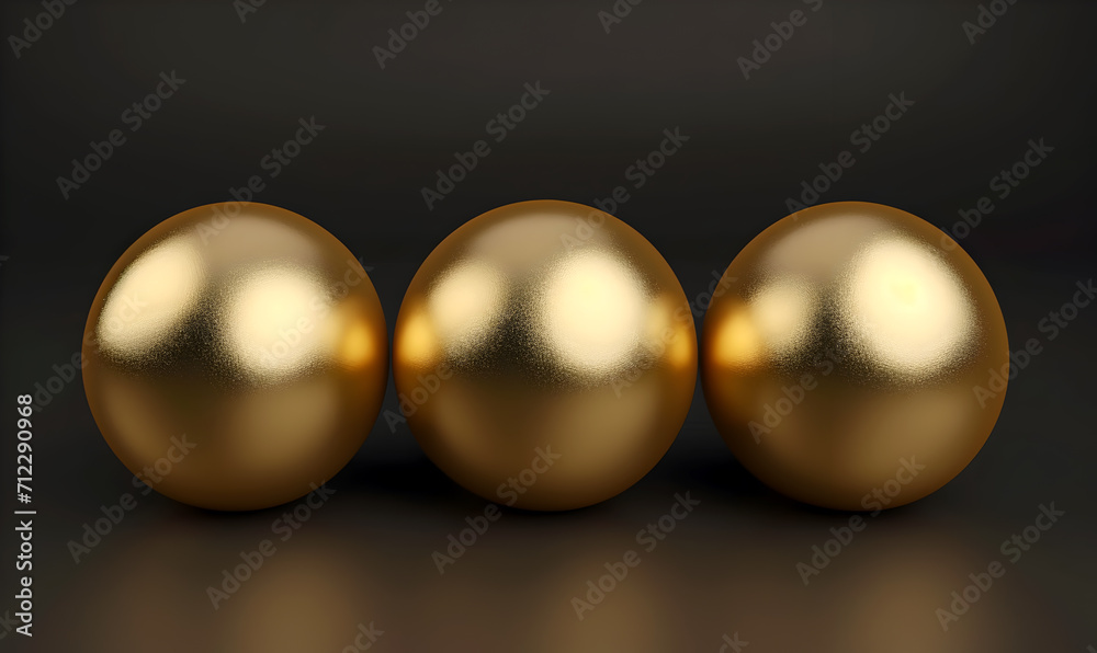 Three golden balls on the dark background. Decorative golden beads. Three golden balls on the dark background. Decorative golden beads.