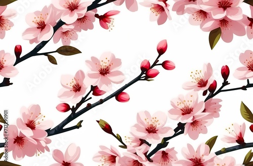 Cherry blossoms flowers in blooming on branch on pink background. Spring and romantic Sakura, apple tree. White isolated background © chudovert
