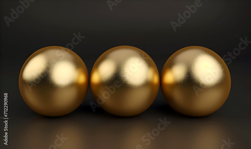 Three golden balls on the dark background. Decorative golden beads.