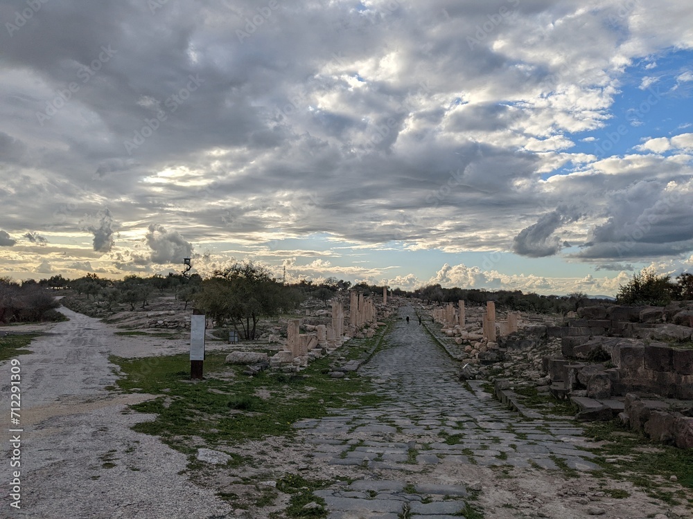 Travelling Jordan.Cultural and natural side of Umm Qais and the ruins of the ancient Gadara.Ancient Roman city.in the extreme northwest of the country, near Jordan's borders with Israel and Syria