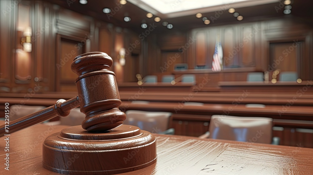  photograph of a judge's gavel prominently placed on a wooden stand in the foreground of a traditional courtroom. The background shows the judge's bench, witness stand, and jury 