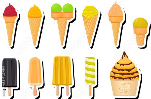 Illustration on theme big kit ice cream popsicle different types in cone waffle cup