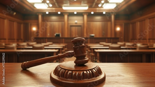  photograph of a judge's gavel prominently placed on a wooden stand in the foreground of a traditional courtroom. The background shows the judge's bench, witness stand, and jury  © WARAPHON