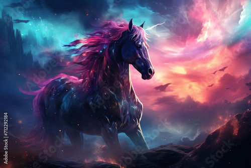 Mystery horrorcore magical colorful horse against vibrant background