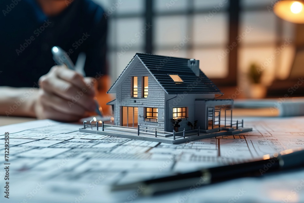 Holo 3d render model of a small living house on a table in a real estate agency. Signing mortgage contract document and demonstrating. Futuristic business. Blurry background - obrazy, fototapety, plakaty 