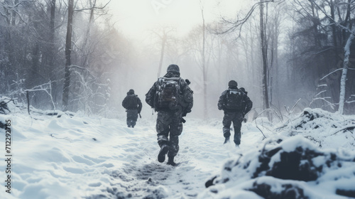Rear view of infantry soldiers in uniform running in winter near the forest