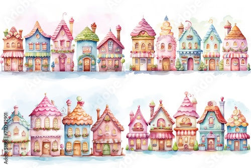 watercolor cartoon illustration collection set, candy house lollipops and sweets, isolated on white background, idea for sticker and junk journal clipart, Generative A