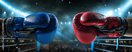 Red and blue gloves in boxing arena photo