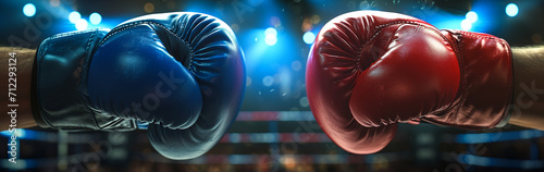 Red and blue gloves in boxing arena photo