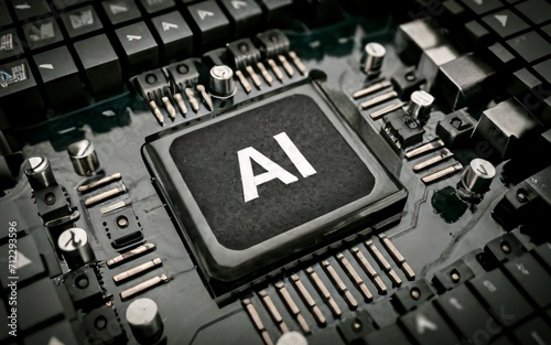 Artificial intelligence micro chip with text "AI" on chip.