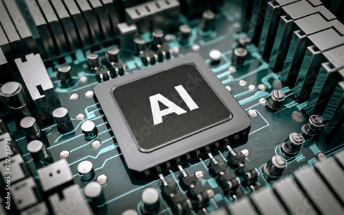 Artificial intelligence micro chip with text "AI" on chip.