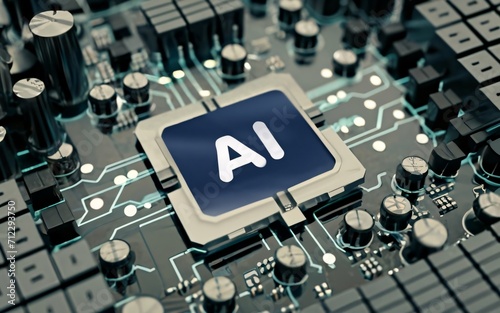Artificial intelligence micro chip with text "AI" on chip.