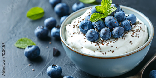 flax seeds and blueberries in a bowl, cream cheese photo