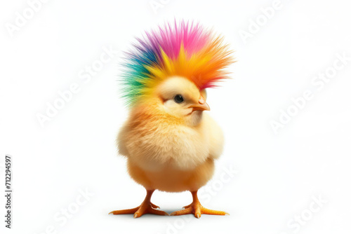 full body chicken with a color mohawk on his head on a white background. ai generative photo