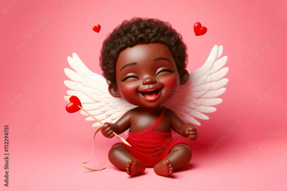 Fototapeta premium joyful african american baby cupid with white wings and red attire on solid pink pastel background. ai generative