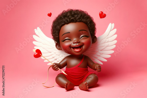 joyful african american baby cupid with white wings and red attire on solid pink pastel background. ai generative