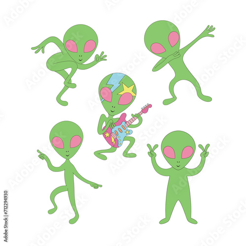 Groovy retro sci-fi dancing green man rock star alien party vector illustration set isolated on white. 60s 70s 80s 90s space galaxy universe celestial print poster postcard collection.