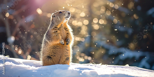 Fotografia groundhog stands on his hind legs, against the backdrop of a snowy forest, sunli