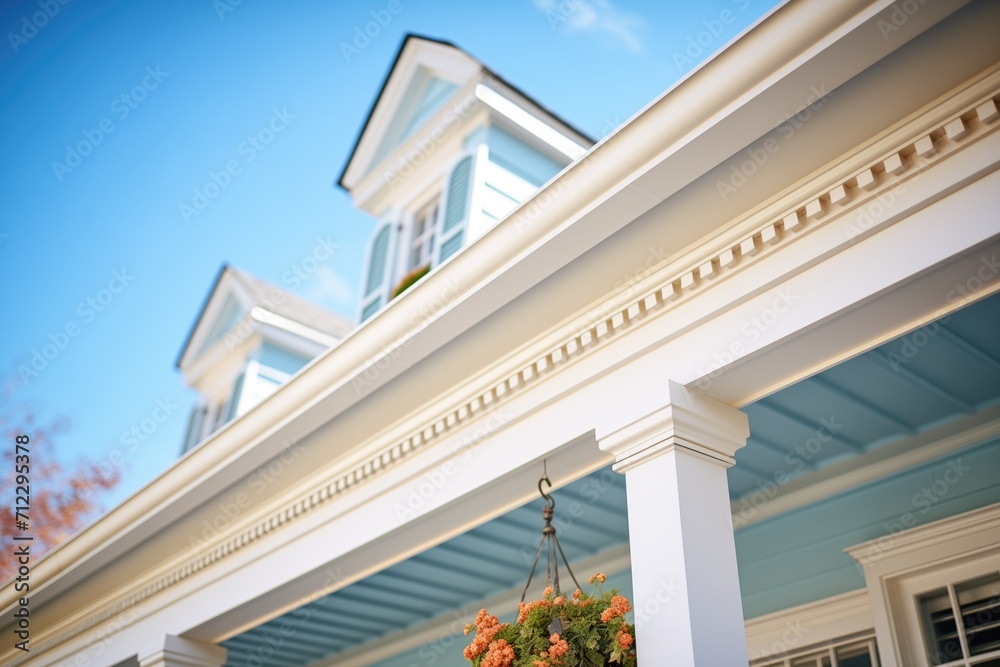 dentil moldings on eaves of a classic georgian home with blue shutters