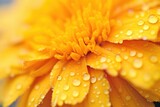 closeup of dew drops on marigold petals