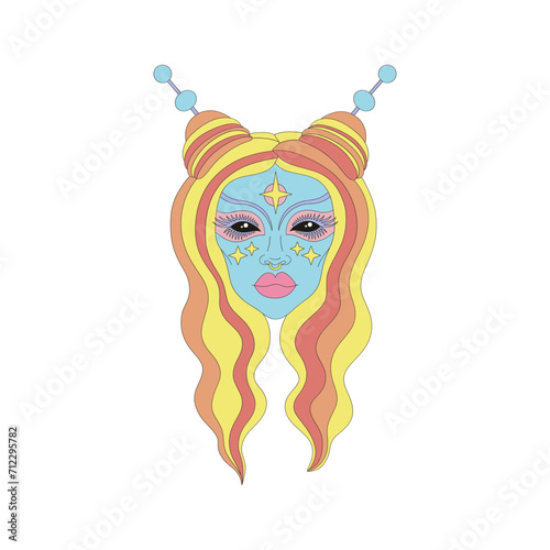 Groovy Retro sci-fi woman alien head portrait with long wavy hair style vector illustration isolated on white. 60s 70s 80s space galaxy universe ufo celestial print poster postcard.