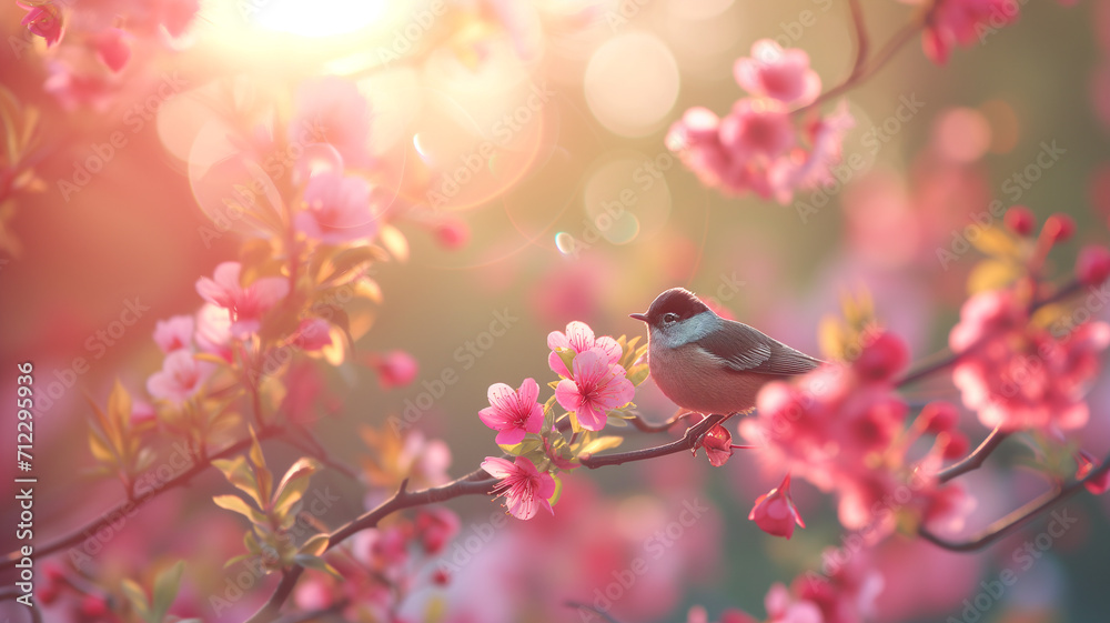 Fototapeta premium Little bird sitting on branch of blossom cherry tree. Spring time