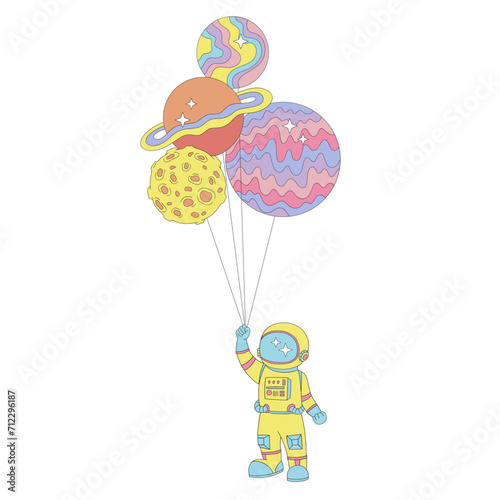Groovy cartoon character astronaut in spacesuit with planet shape balloons vector illustration set isolated on white. Retro 60s 70s 80s space galaxy universe cosmonautics print poster postcard.