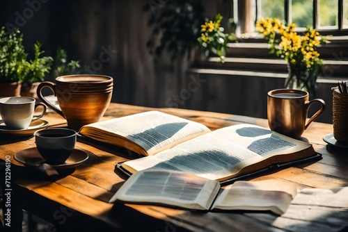 Craft a scene in a romance novel where two characters connect over shared morning devotions, finding common ground in the calming presence of an open Bible and coffee.
