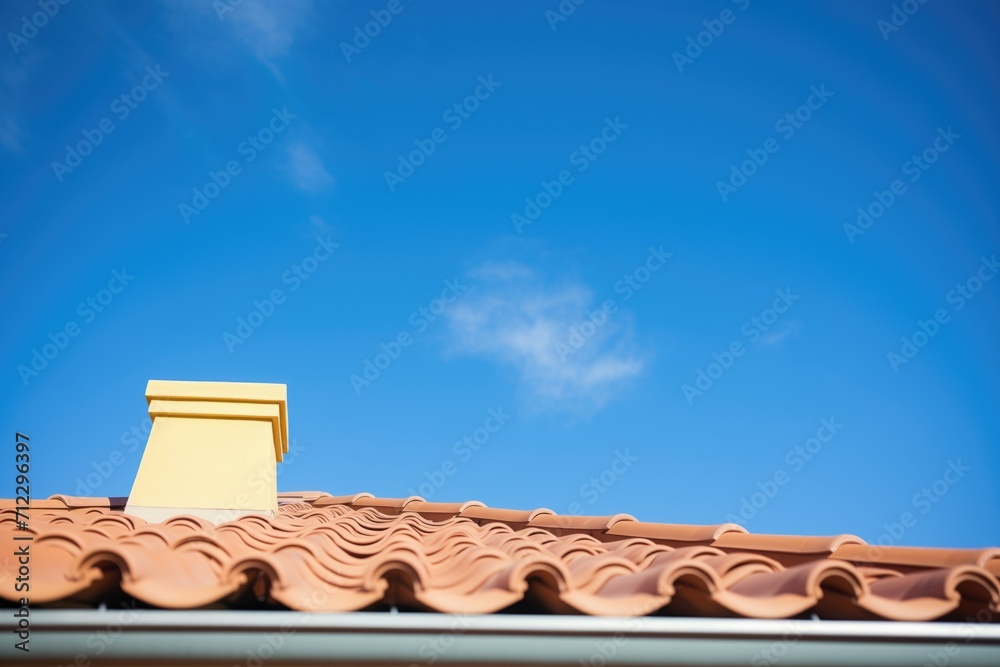 Naklejka premium closeup of clay roof tiles with blue sky background
