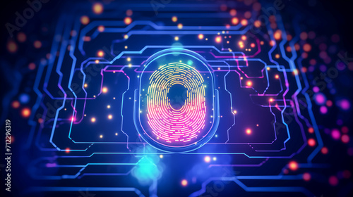 A biometric fingerprint scan displayed with neon contours on a circuit board, representing advanced security and identity verification technology.

