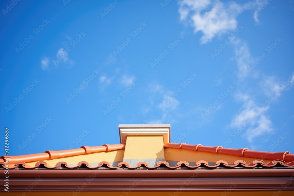 closeup of terracotta roof tiles with blue sky closeup of terracotta roof tiles with blue sky